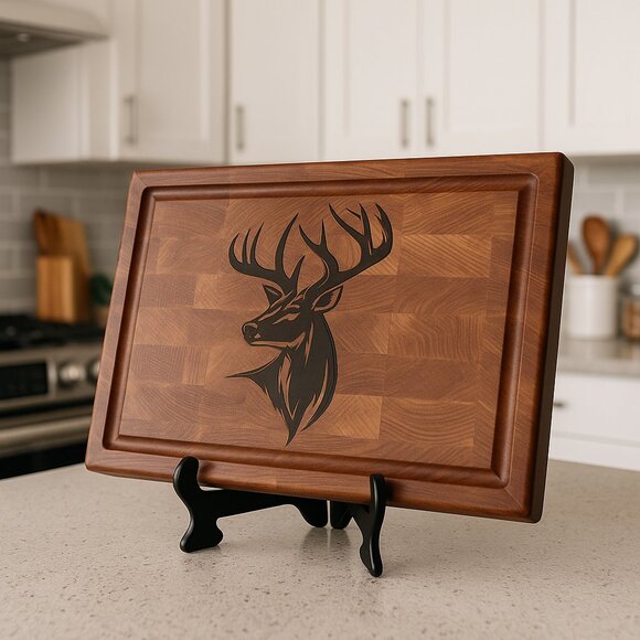 Maple End Grain Cutting Board with Walnut Deer Inlay - Picture 4 of 5